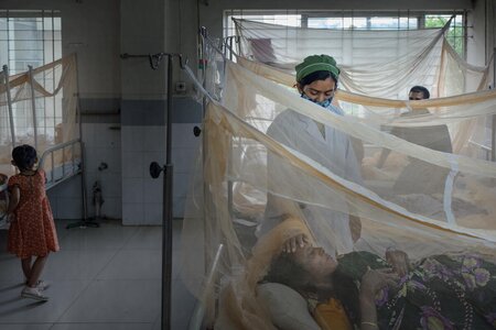 nurse attending to hospital patients under mosquito netting